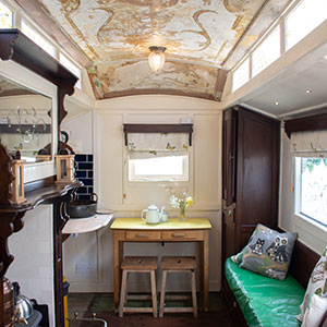 Showman's Waggon interior at Beili Glas, Monmouthshire, Wales 