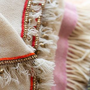  Beili Glas Welsh Blanket in pink wool - Designed by Nicola Daley and handmade in Wales